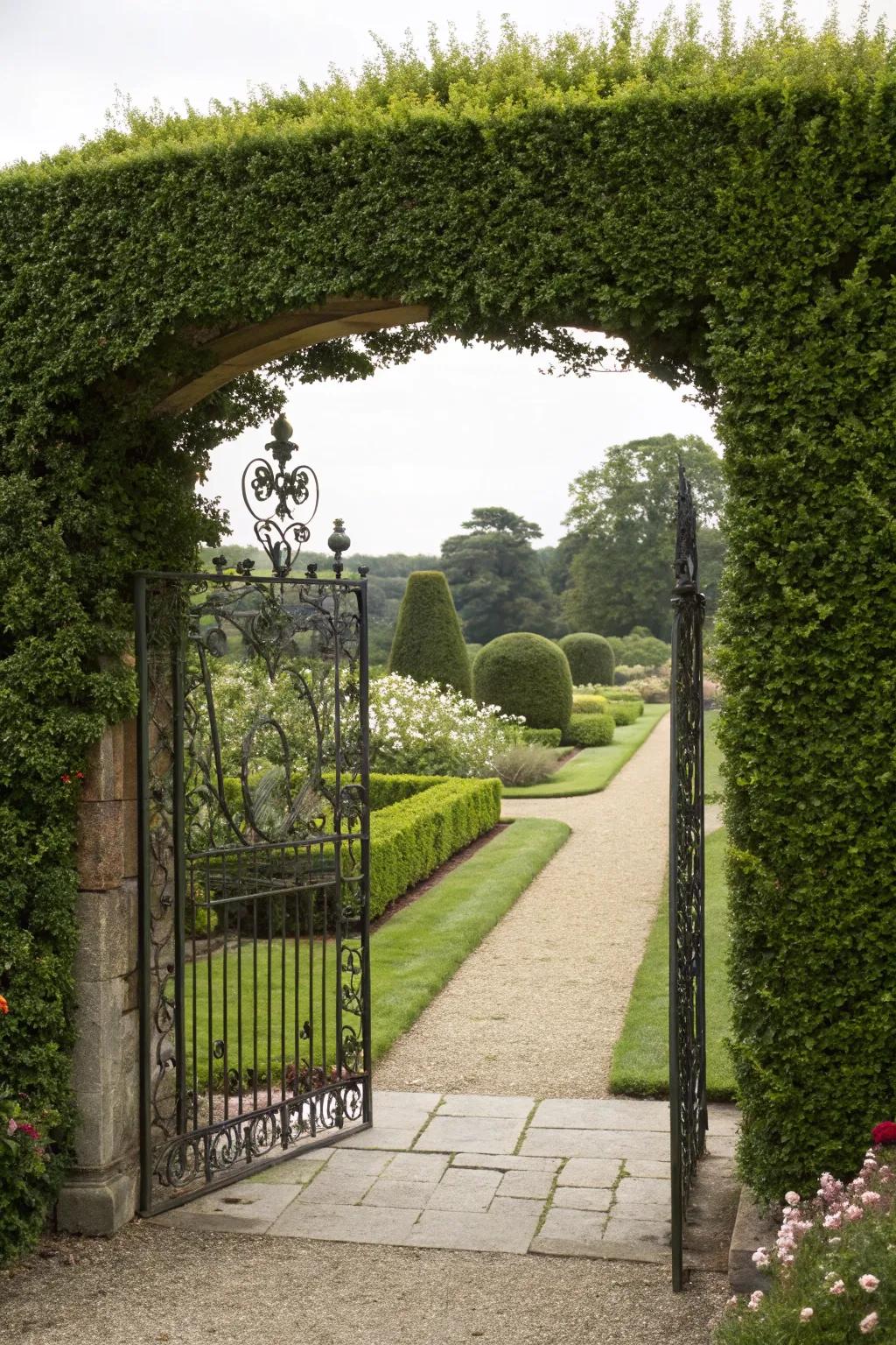 A harmonious blend of hedges and gates.