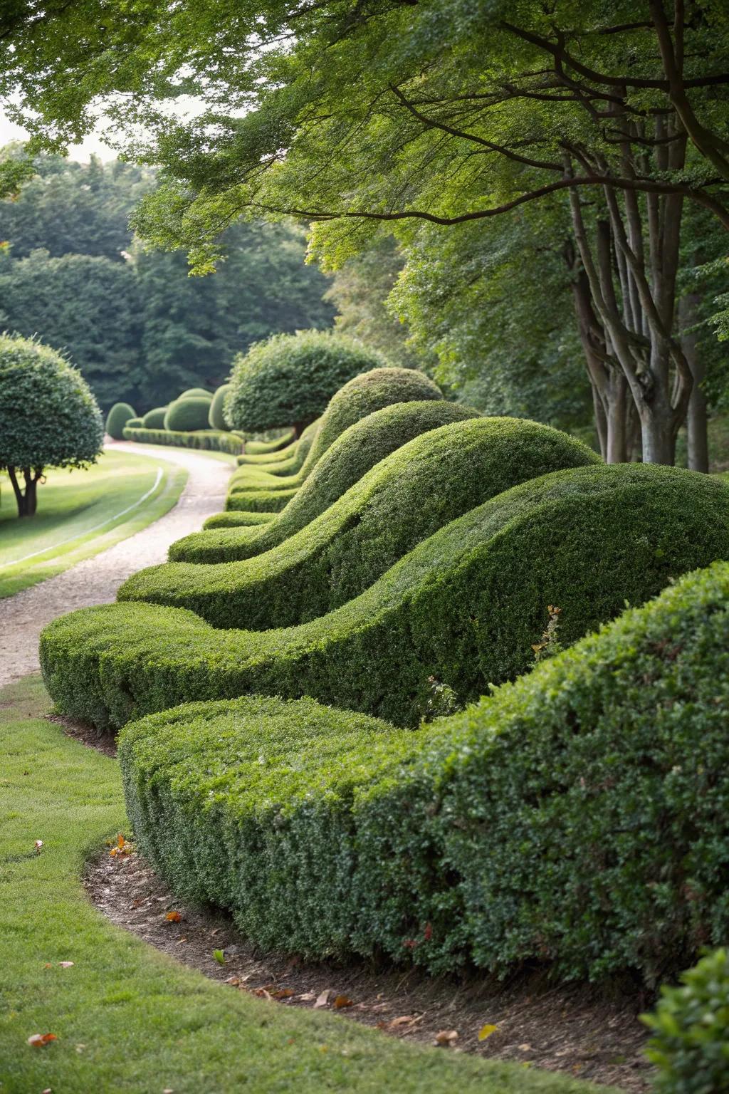 Add dynamic flow to your garden with rolling wave hedge designs.