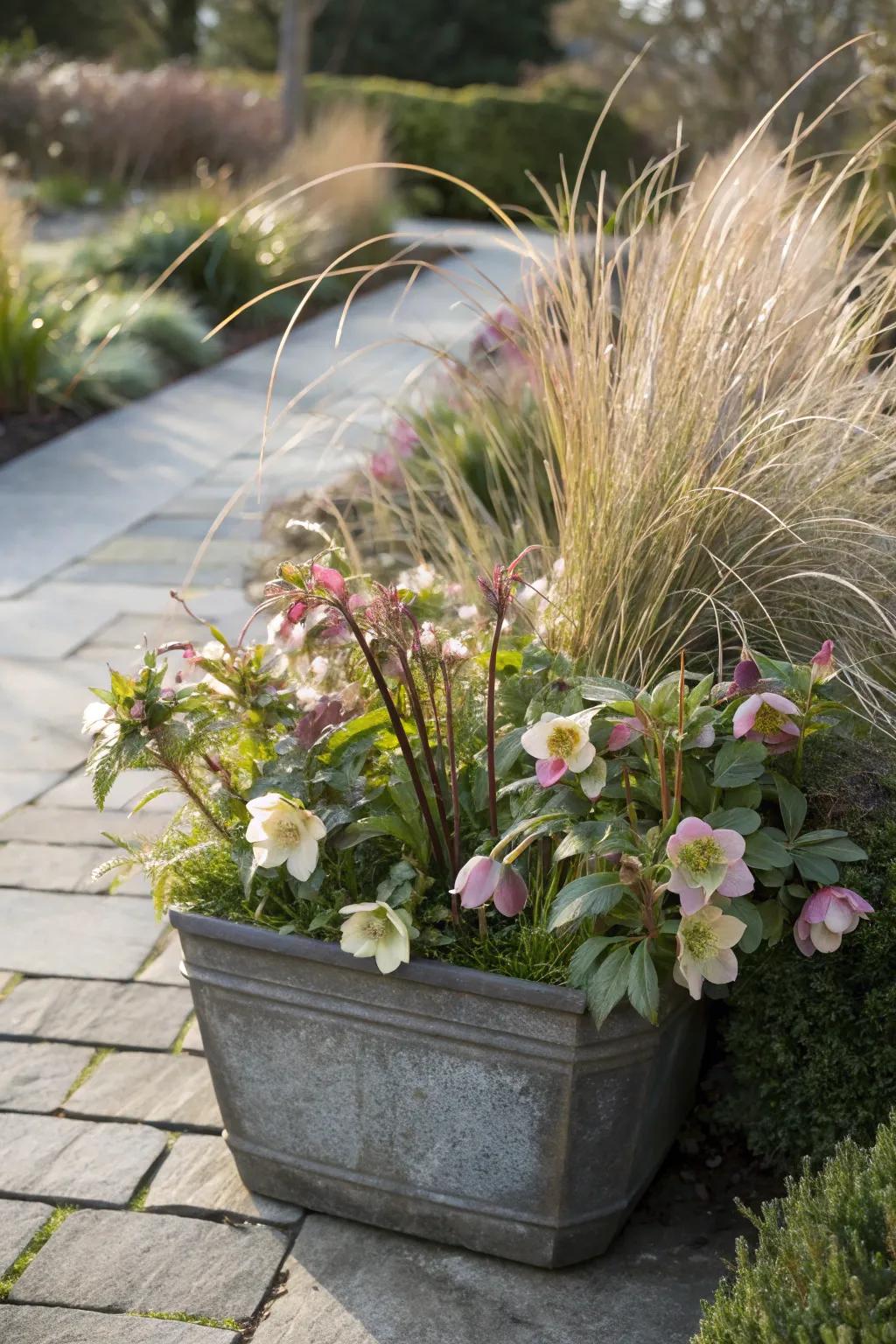 Ornamental grasses add dynamic texture to hellebore planters.