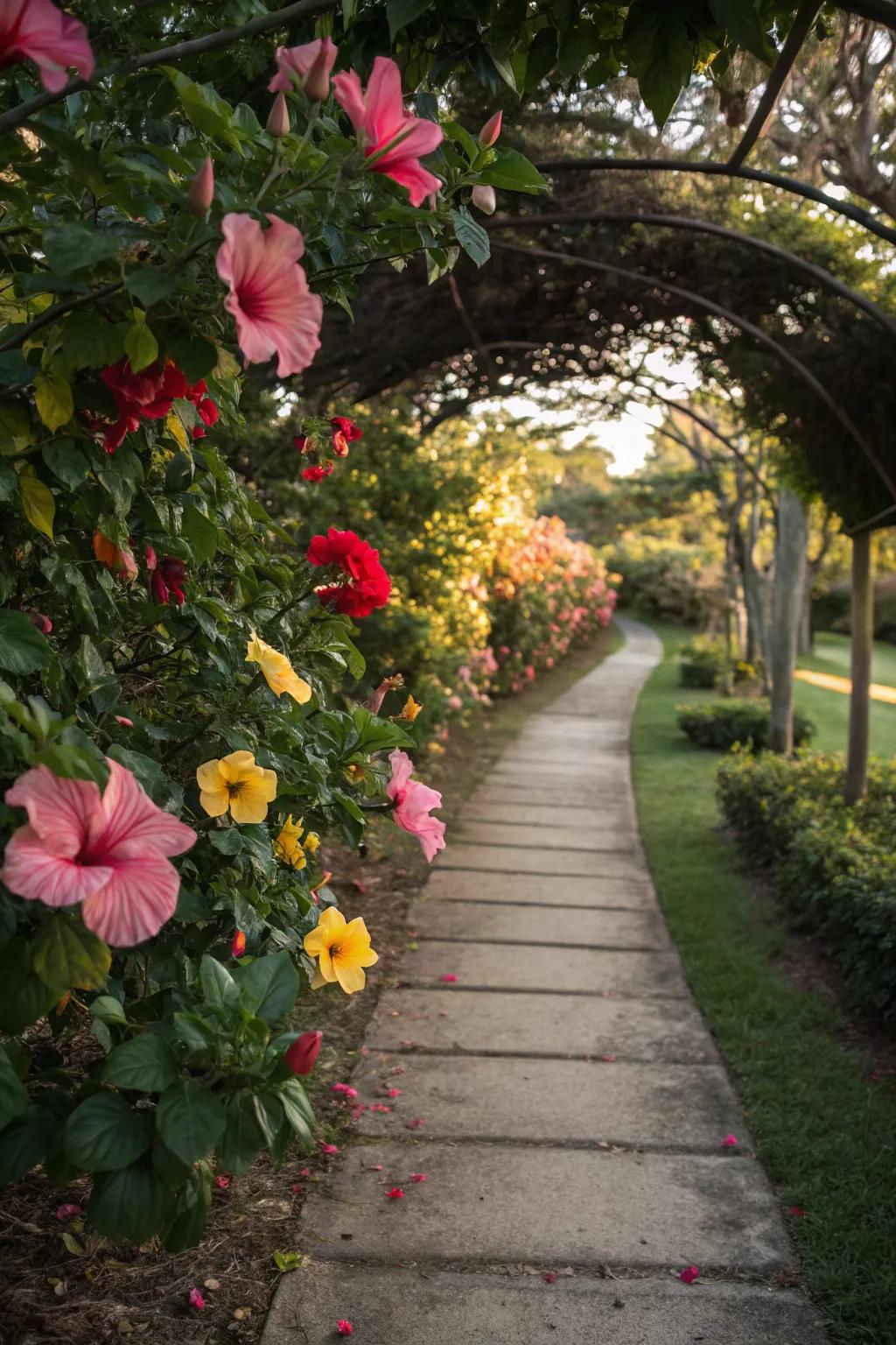 Enhance pathways with a vibrant border of hibiscus plants.