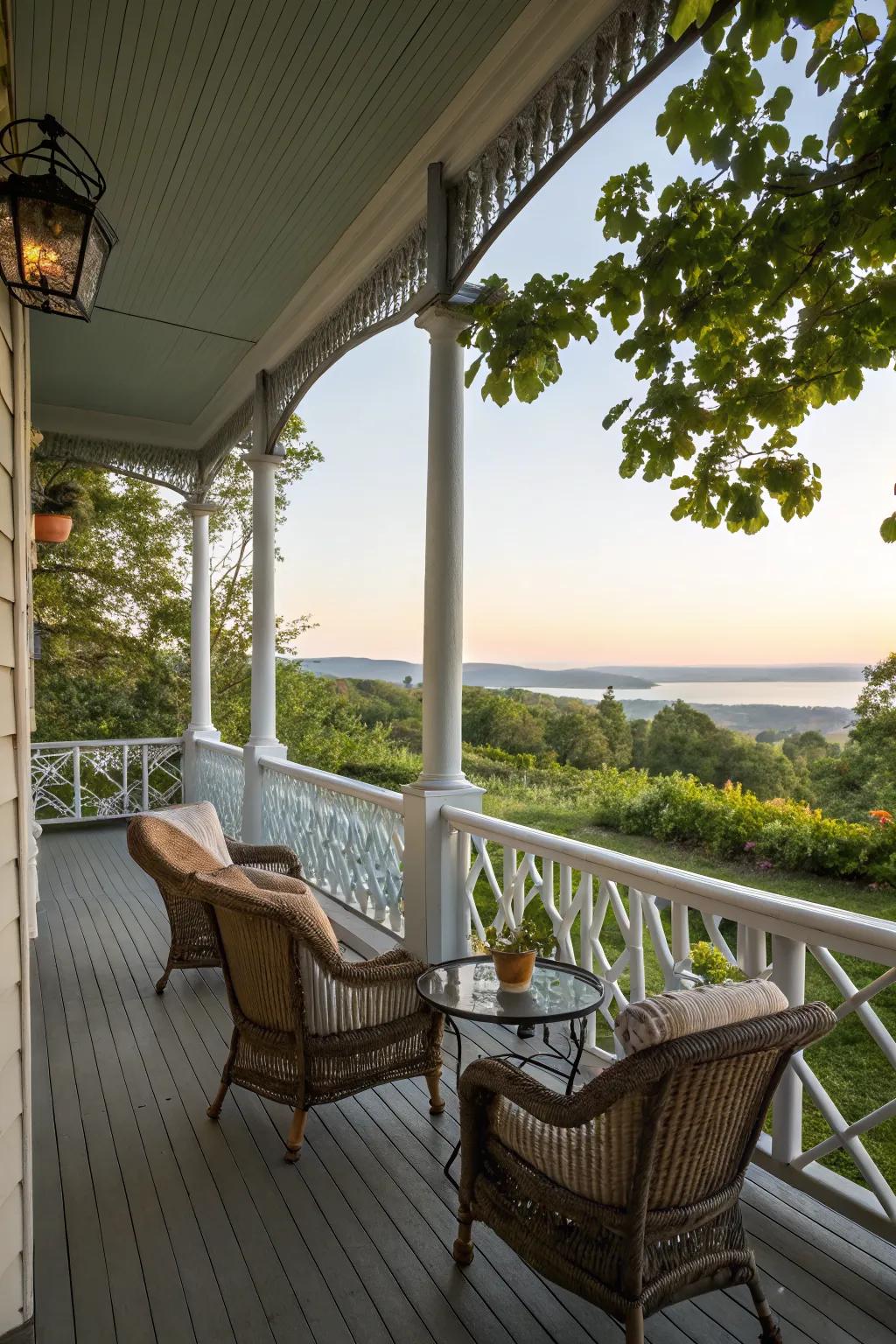 A cozy seating area on a high porch, ideal for relaxation.
