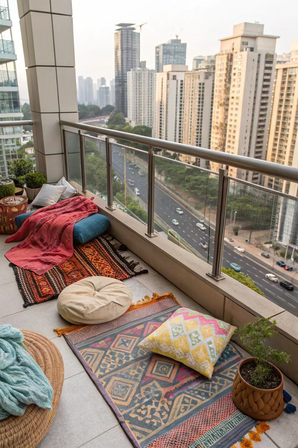 Cozy layers of rugs and blankets transform this balcony into a snug retreat.