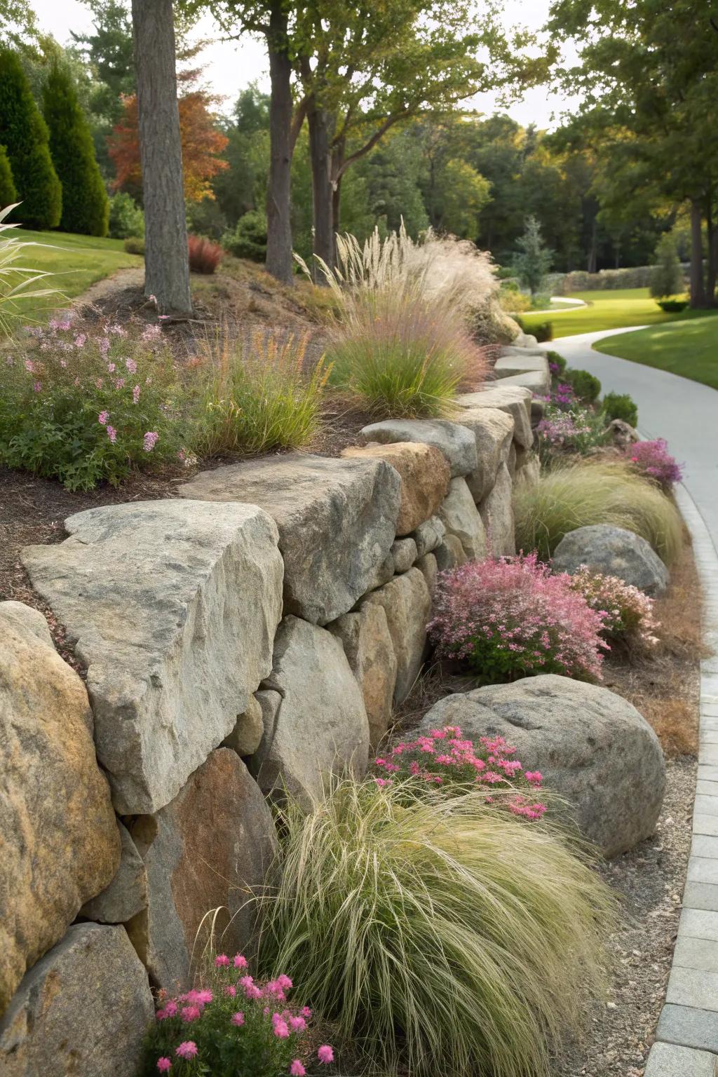 Ornamental grasses beautifully soften the edges of this boulder retaining wall.