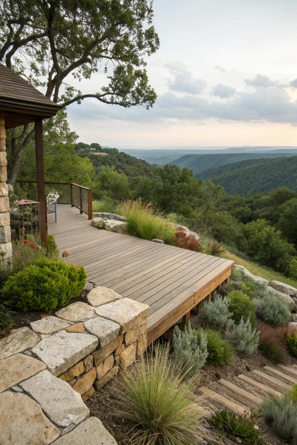 A deck that seamlessly integrates with its natural surroundings.