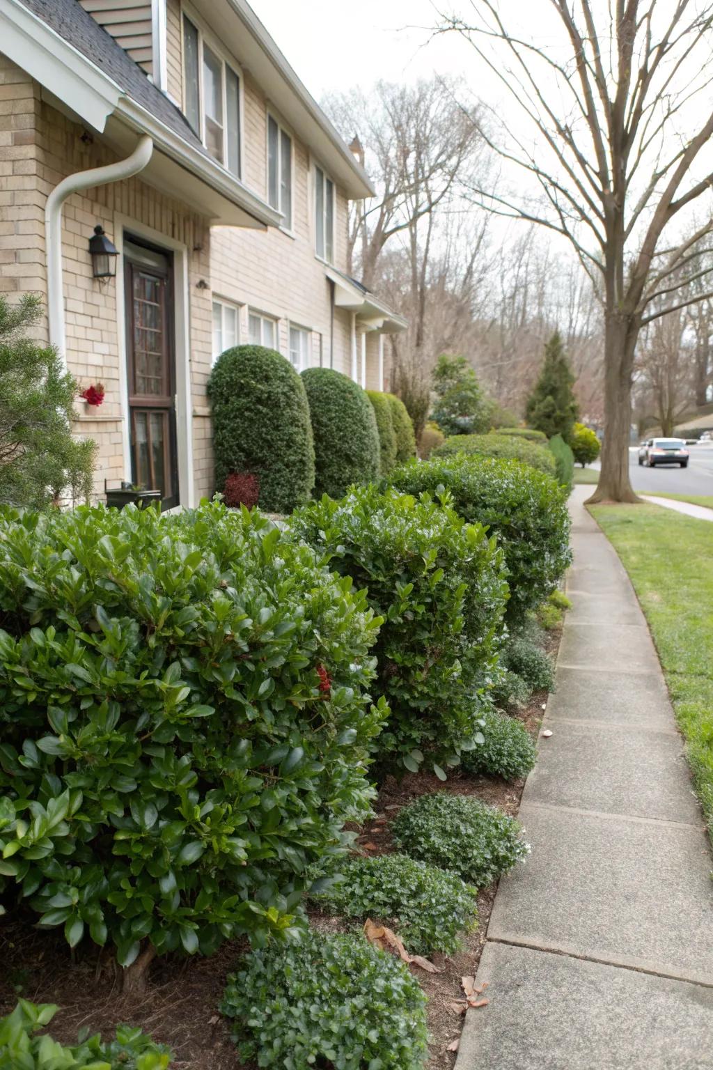 Holly bushes providing a lush foundation planting.