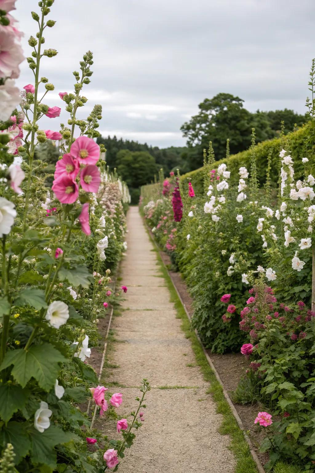 A picturesque garden path lined with vibrant hollyhocks.