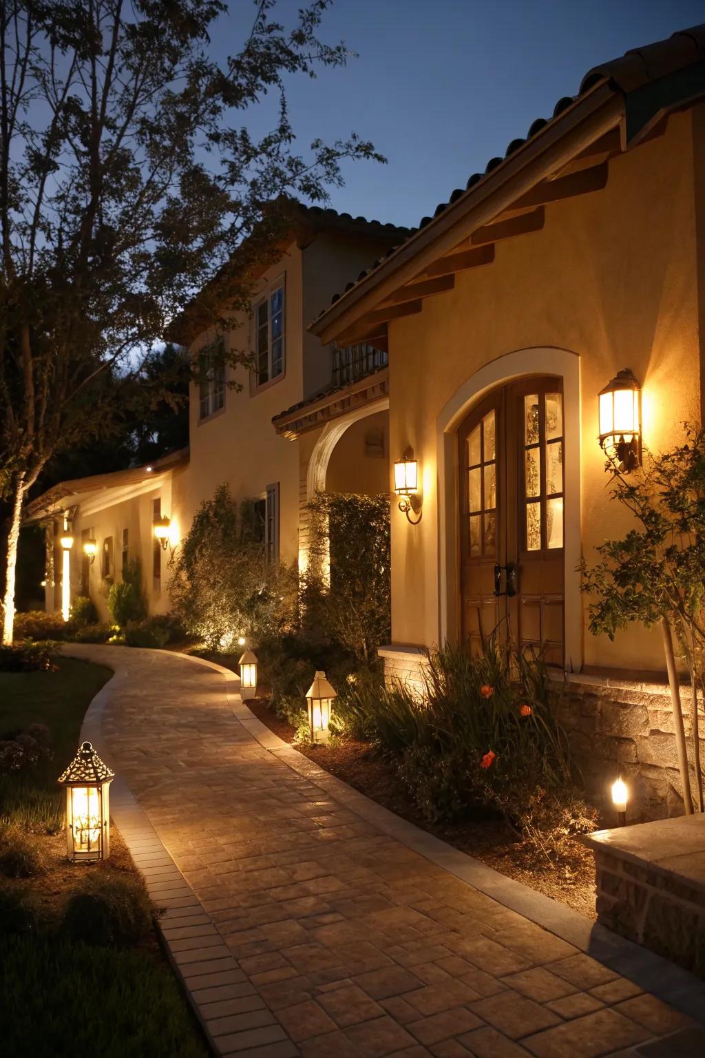 Outdoor lighting that highlights the home's architecture and garden pathways.