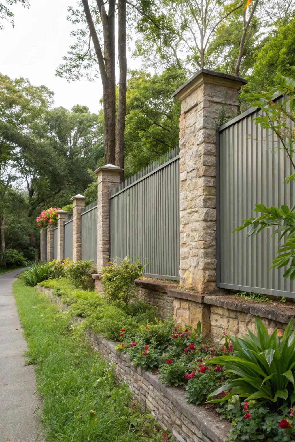 Enhance your fence with stone elements for a classic and elegant look.