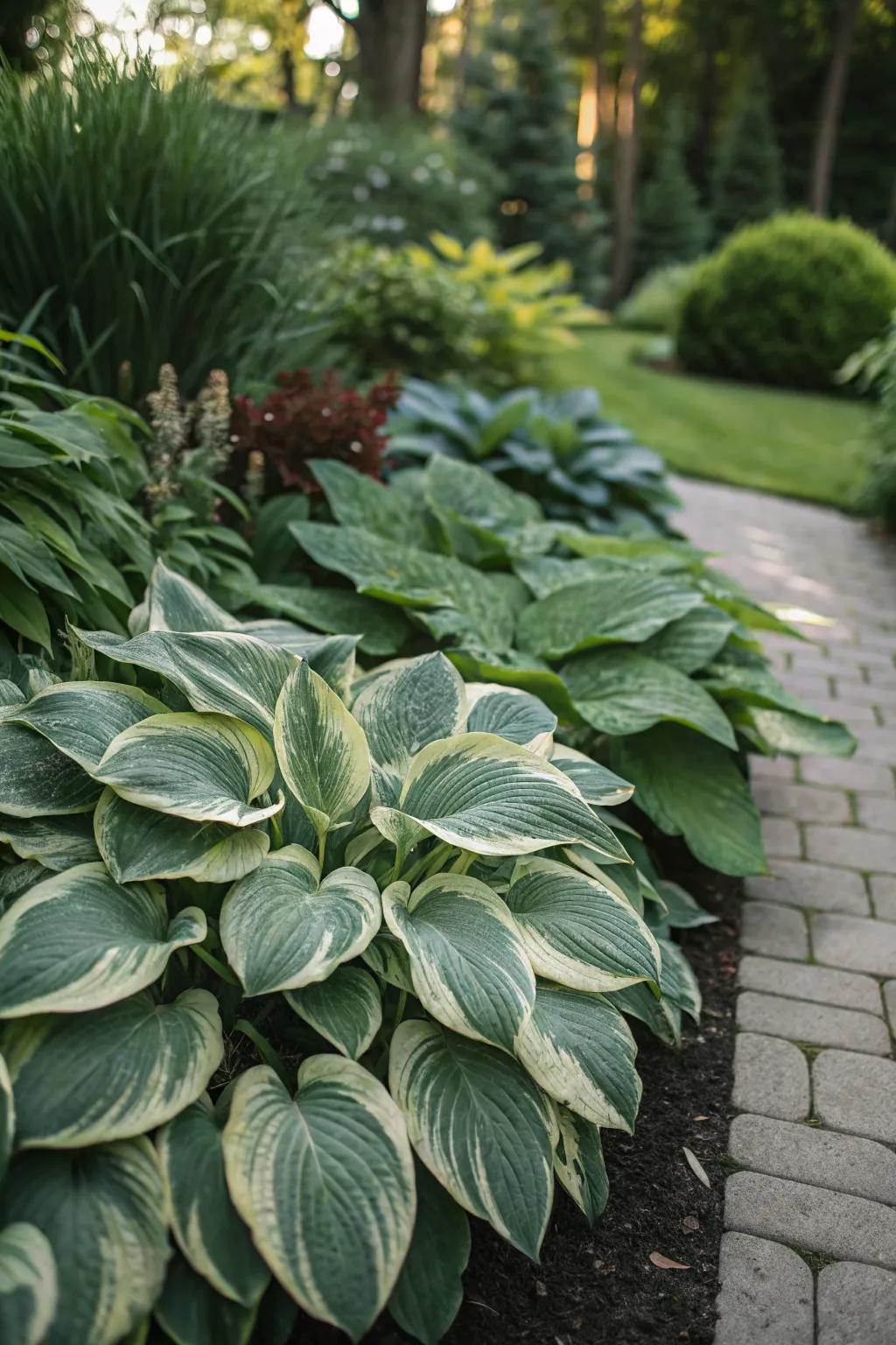 Contrasting hosta foliage creates a vibrant and dynamic garden border.