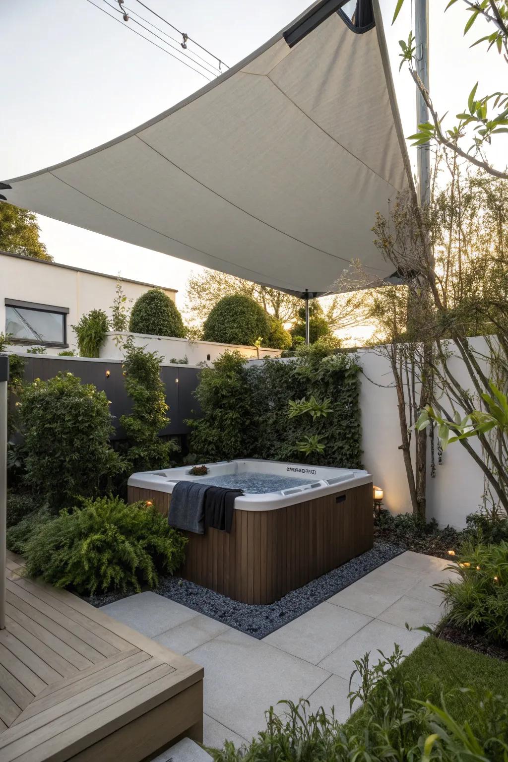 Keep it simple and stylish with a shade sail for your hot tub.