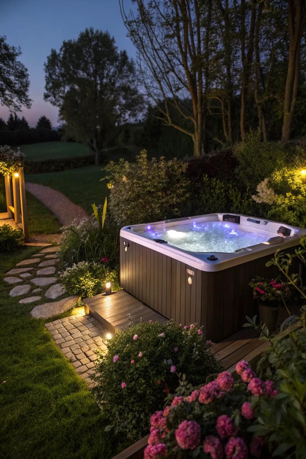 Ambient lighting adds a magical touch to your nighttime soak.