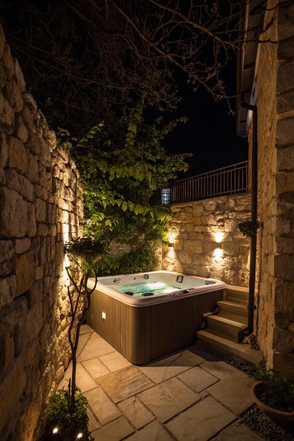 Stone walls provide an elegant and private retreat for this hot tub.
