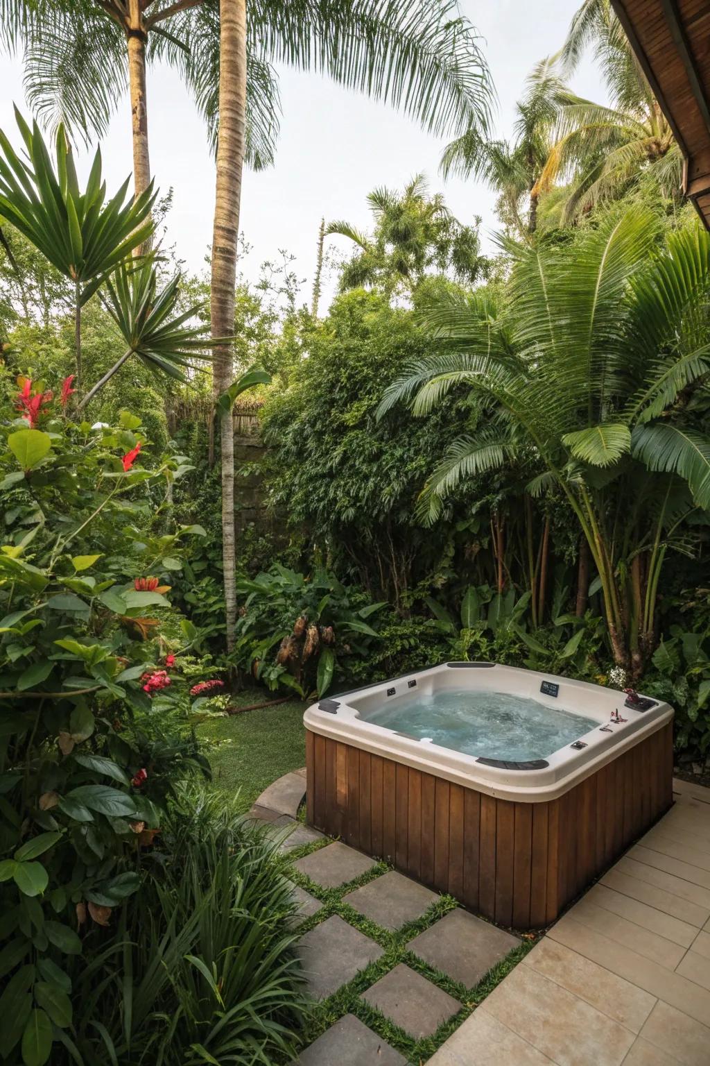 Lush greenery creates a natural and private oasis around the hot tub.