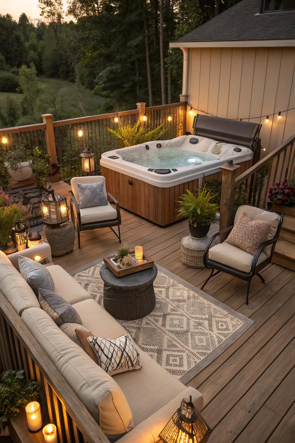 Create a social hub with comfortable seating around your hot tub.
