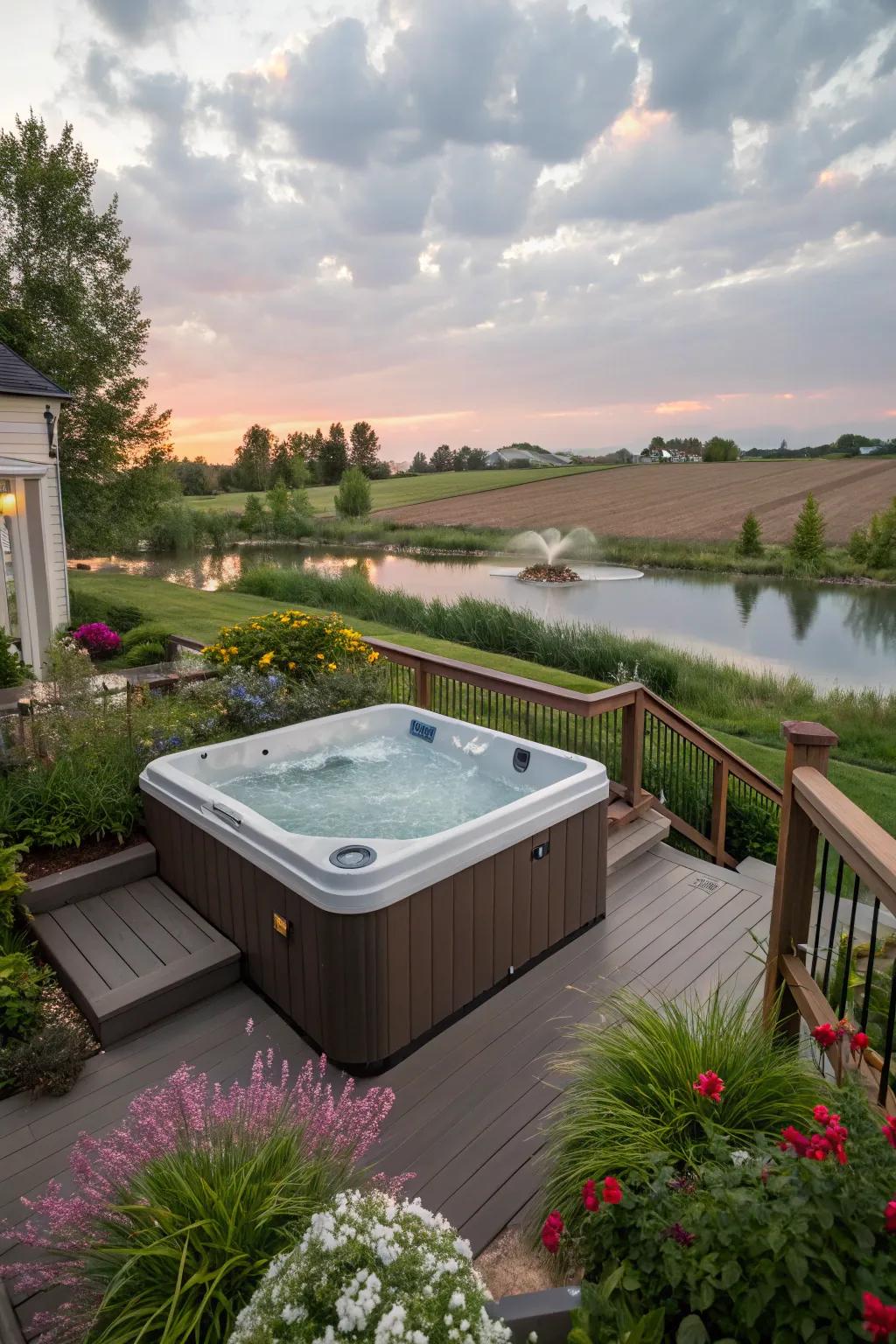 A raised platform elevates your hot tub experience with stunning views.