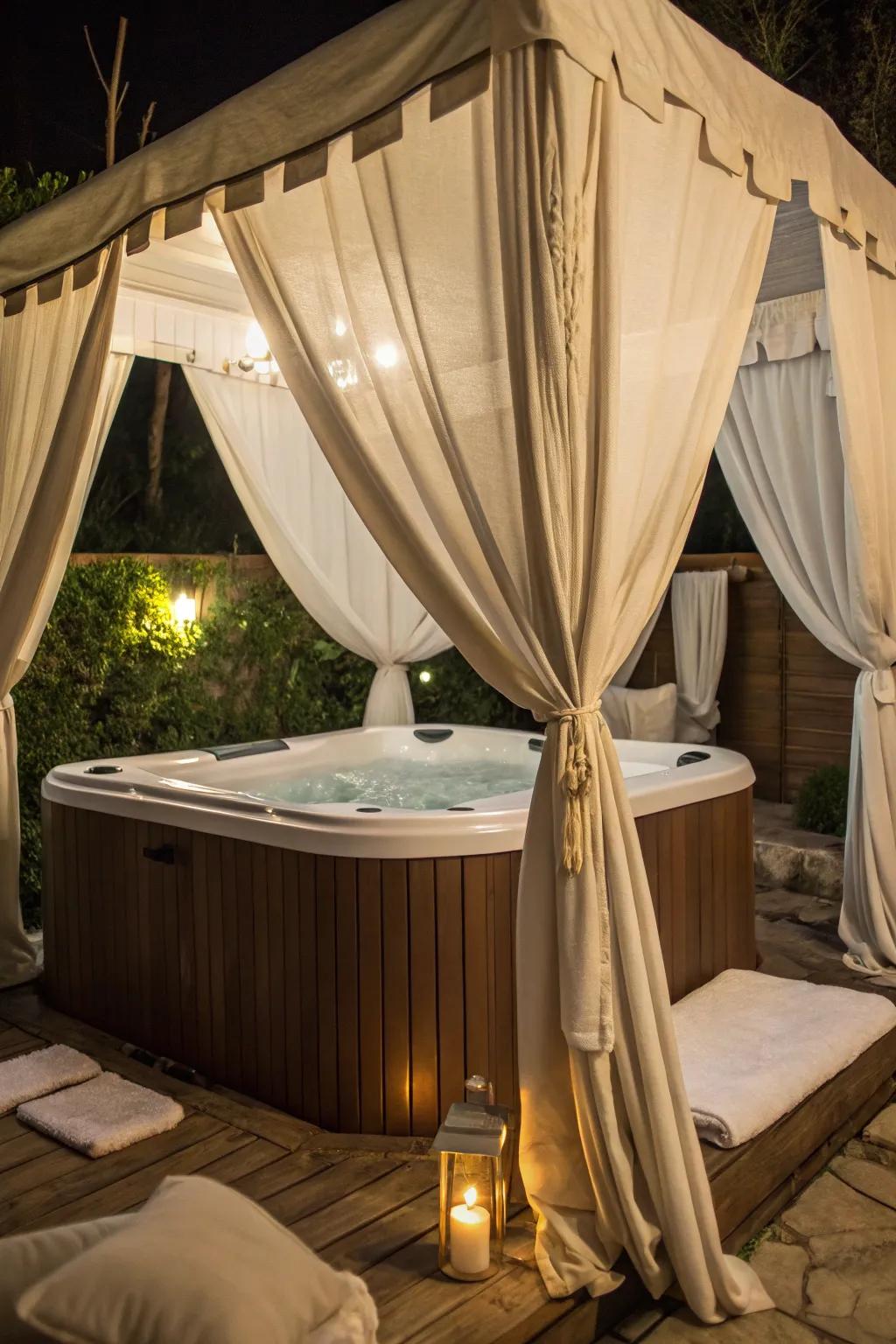 A fabric canopy creates a cozy and intimate hot tub setting.