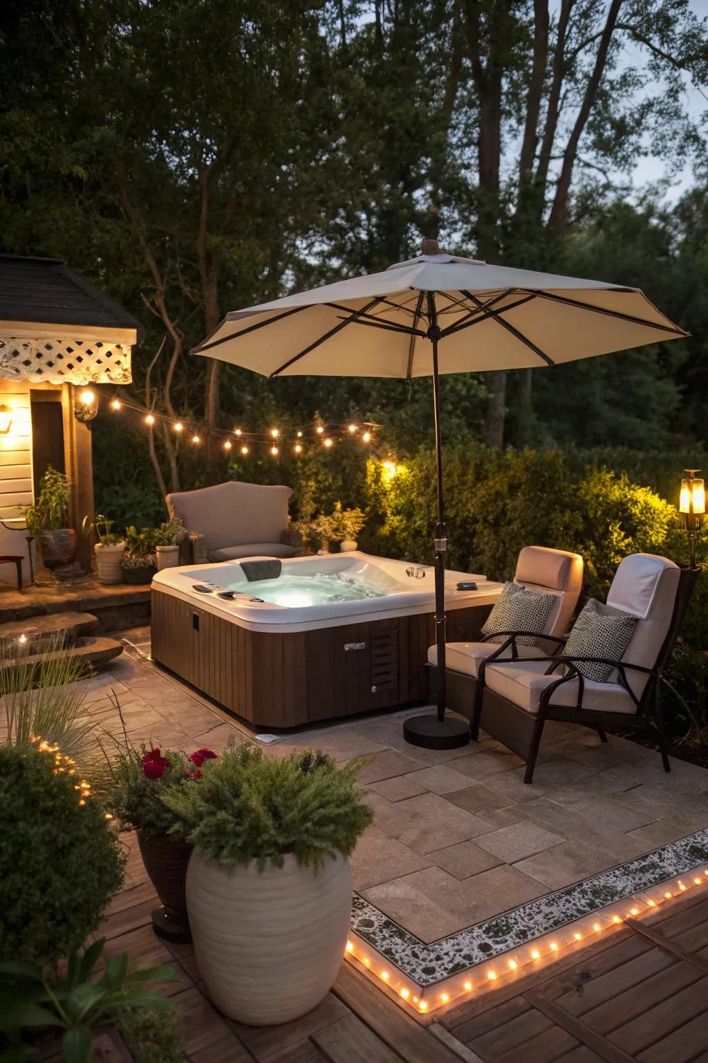 Create a multi-functional space with umbrellas and cozy decor.