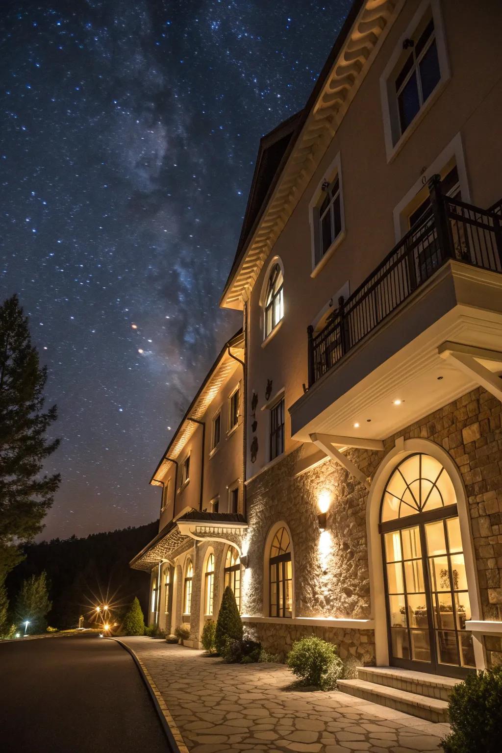 Creative lighting transforms the hotel's nighttime ambiance.