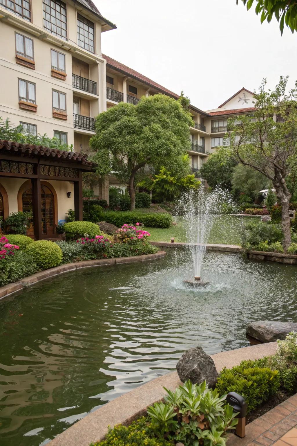 Water features add a serene touch to any hotel garden.