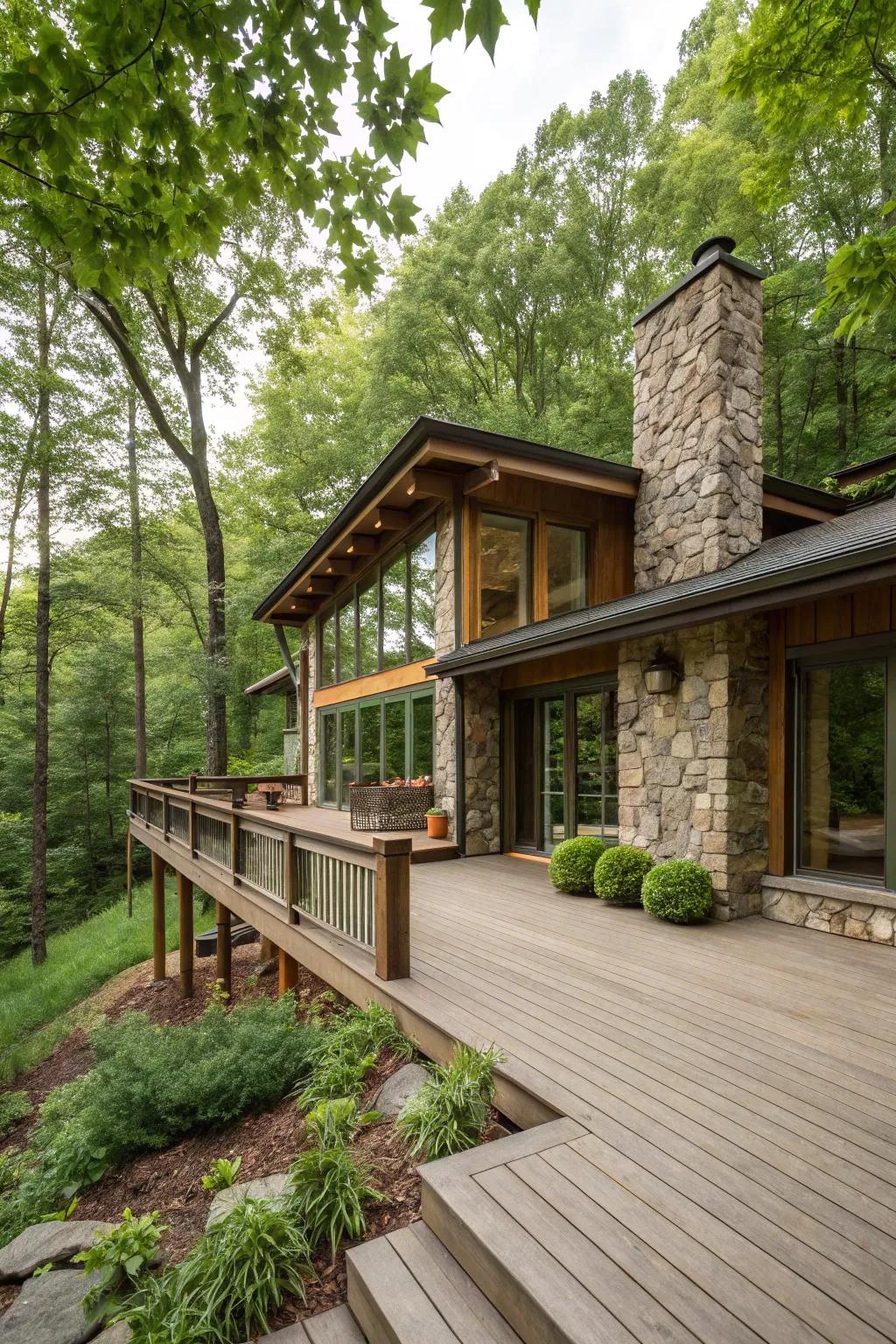 Natural wood and stone create a harmonious, rustic look.