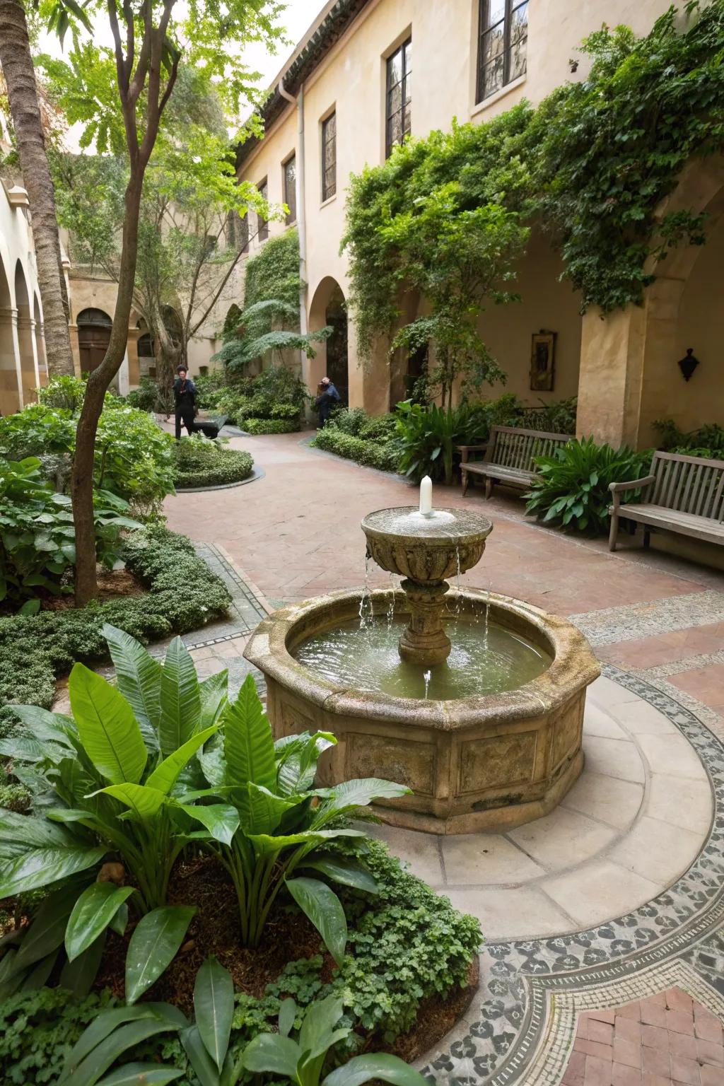 A water feature adds a serene touch to your courtyard.