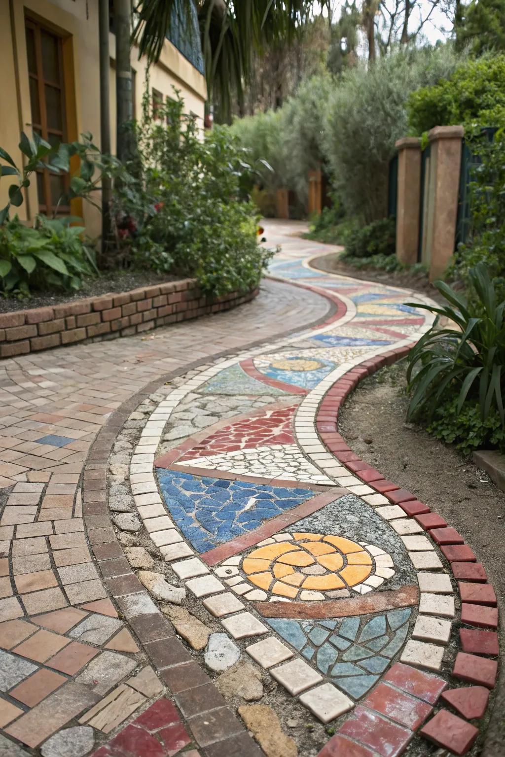 A colorful mosaic pathway adds a splash of creativity and vibrancy to the garden.