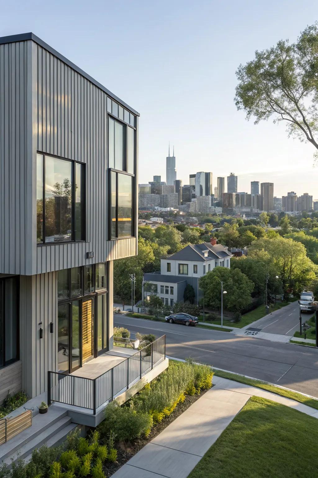 Vertical siding adds a sleek, modern touch.