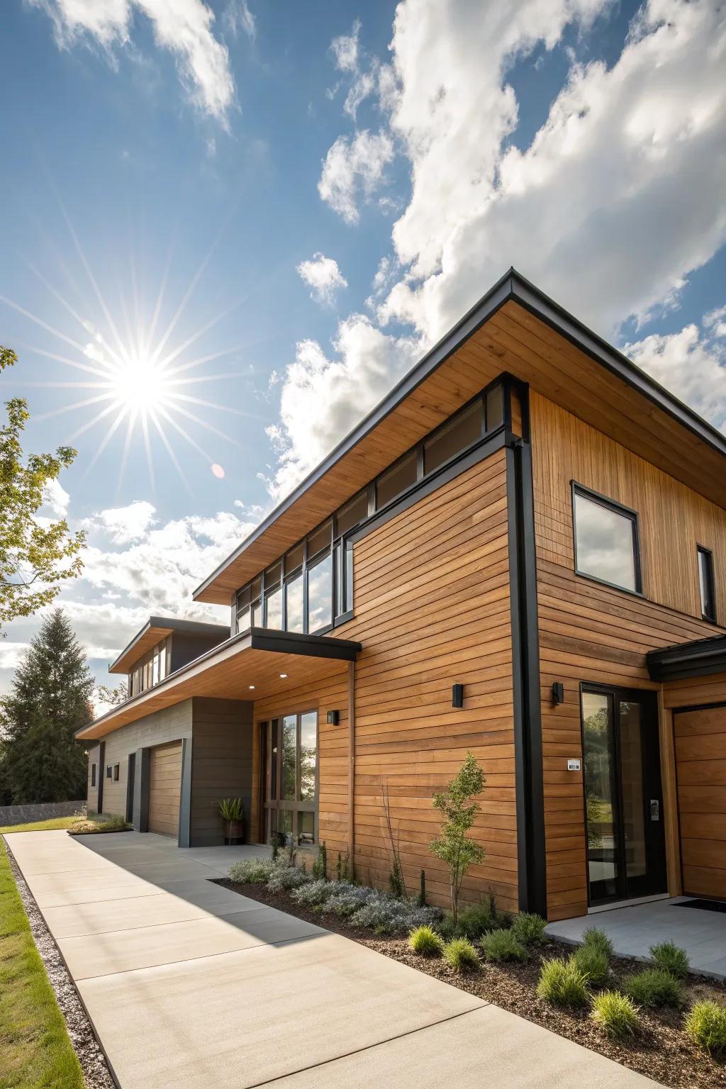 A contemporary home with sleek thermally modified wood siding.