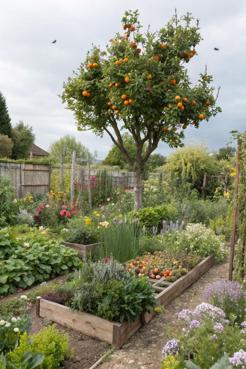 A thriving fruit tree guild in a home garden