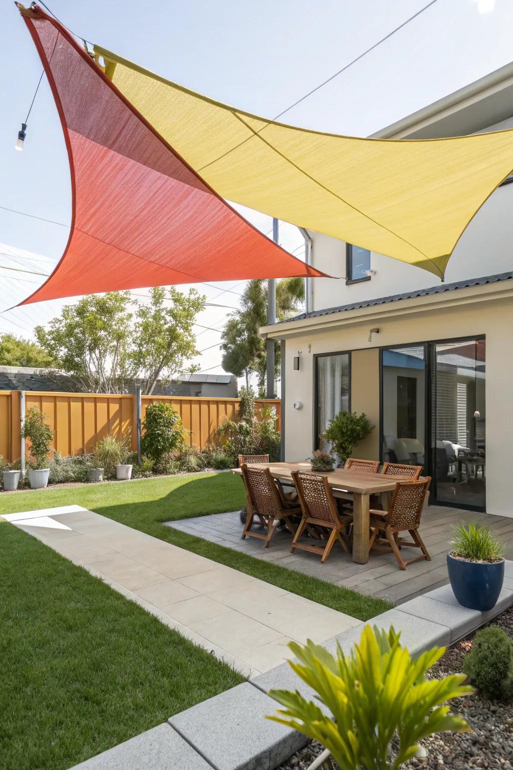 Colorful shade sails providing a contemporary shade solution over an outdoor dining space.