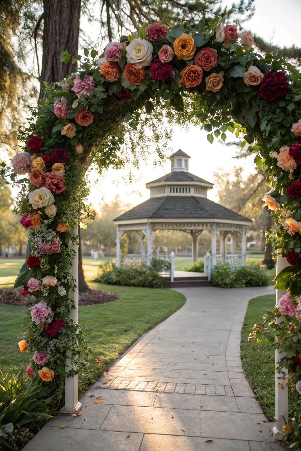 Stunning floral archway welcoming guests to the gazebo.