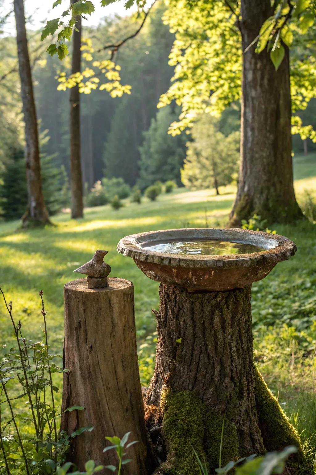 Make your garden more inviting with a birdbath tree stump.