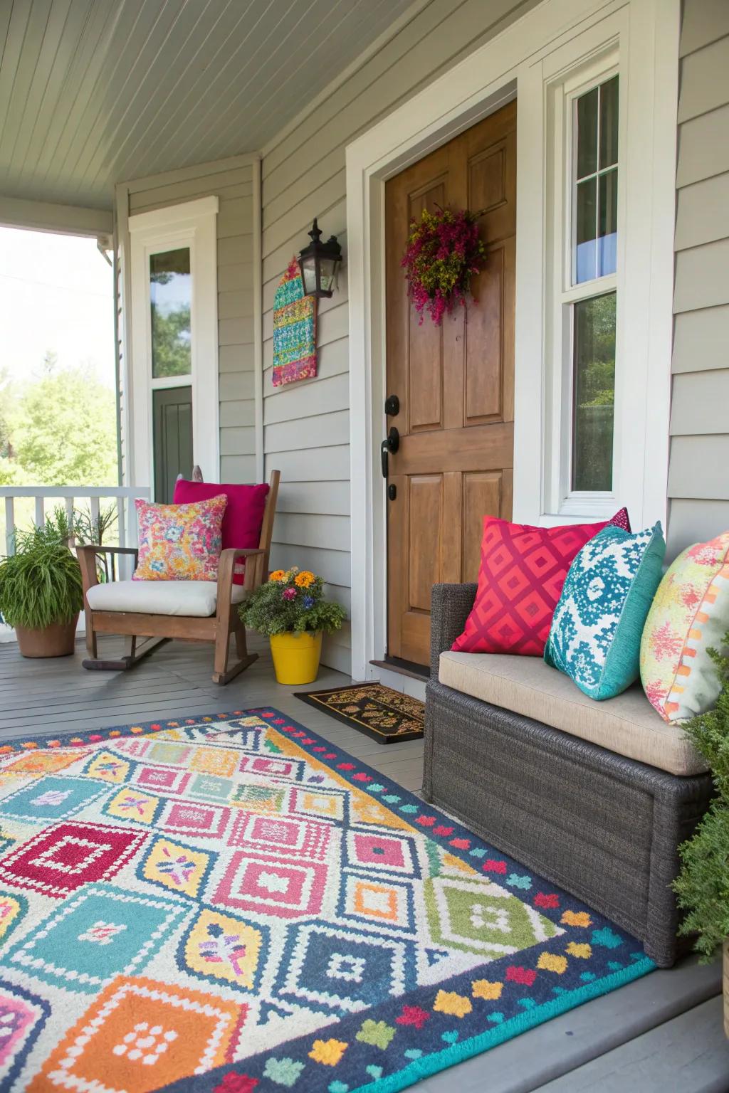 A vibrant outdoor rug defining the porch space beautifully.