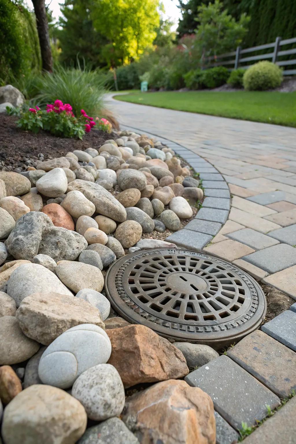 Decorative rocks seamlessly integrate a drain cover into the garden.