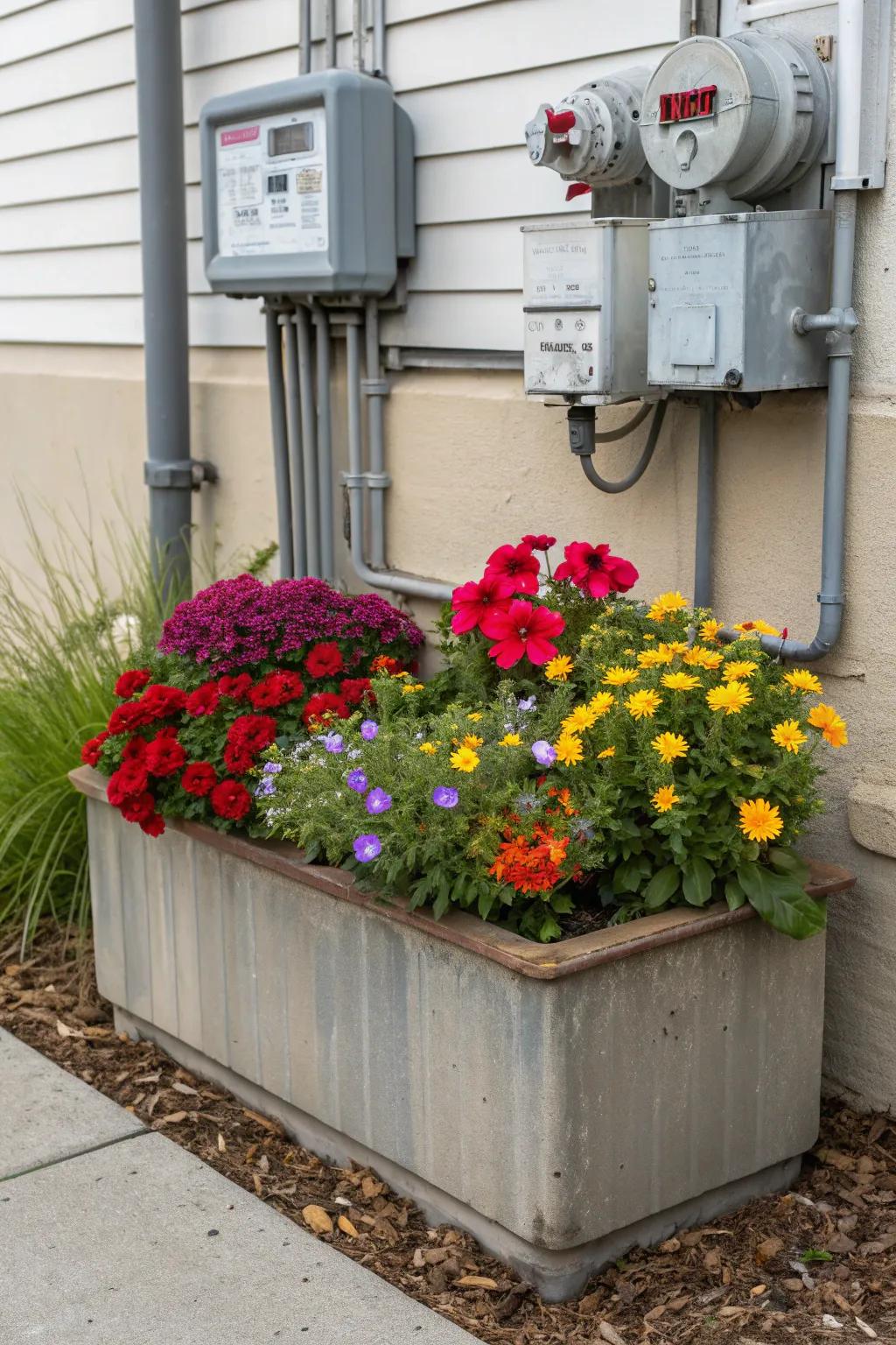 Planter boxes provide a vibrant way to conceal a gas meter.