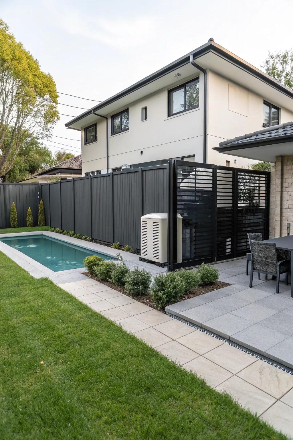 Sleek modular fencing effectively hides pool equipment with style.