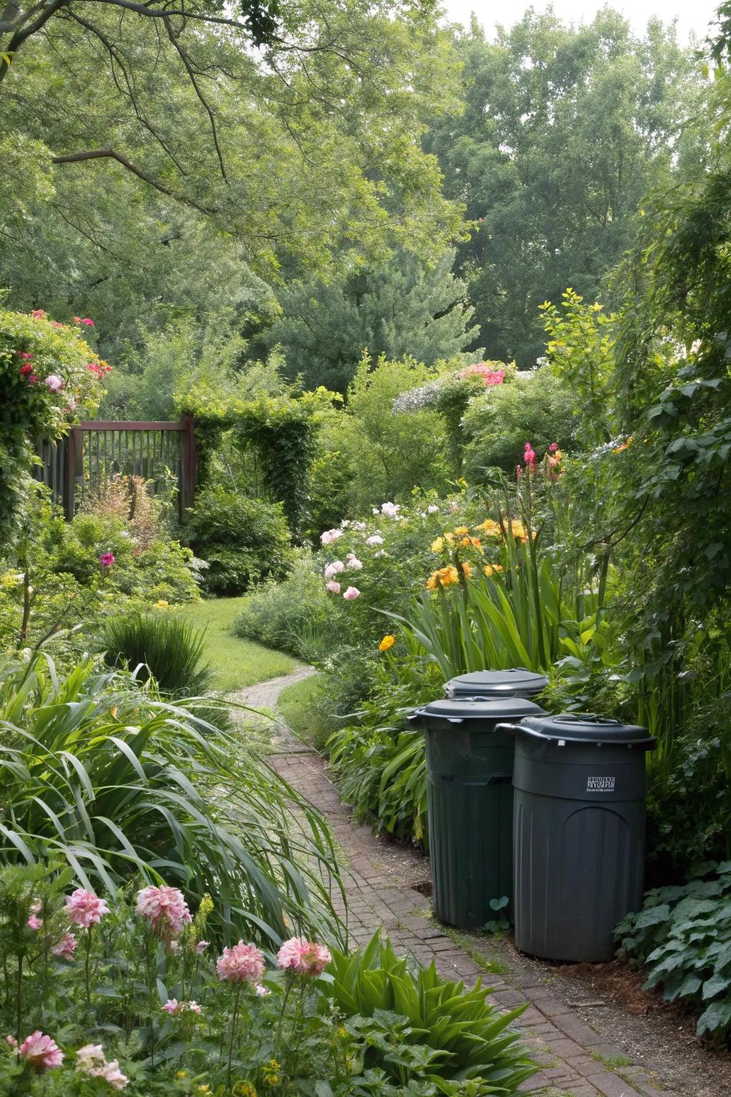 Integrating trash cans into your garden with plants enhances natural beauty.