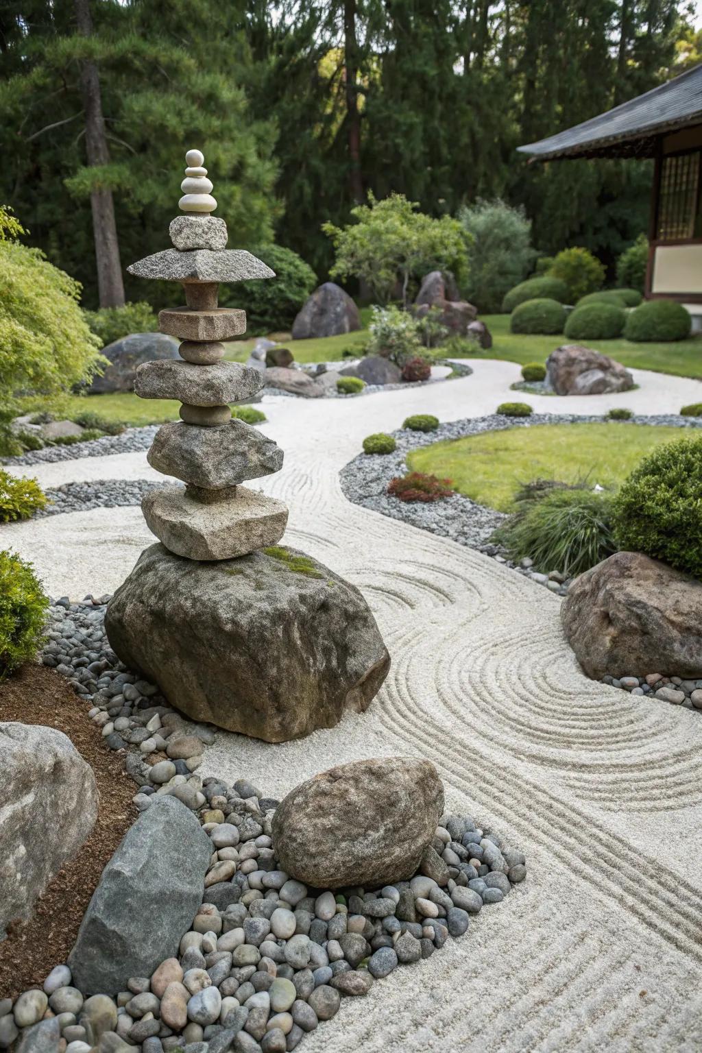 A striking stone sculpture serves as the garden's focal point.