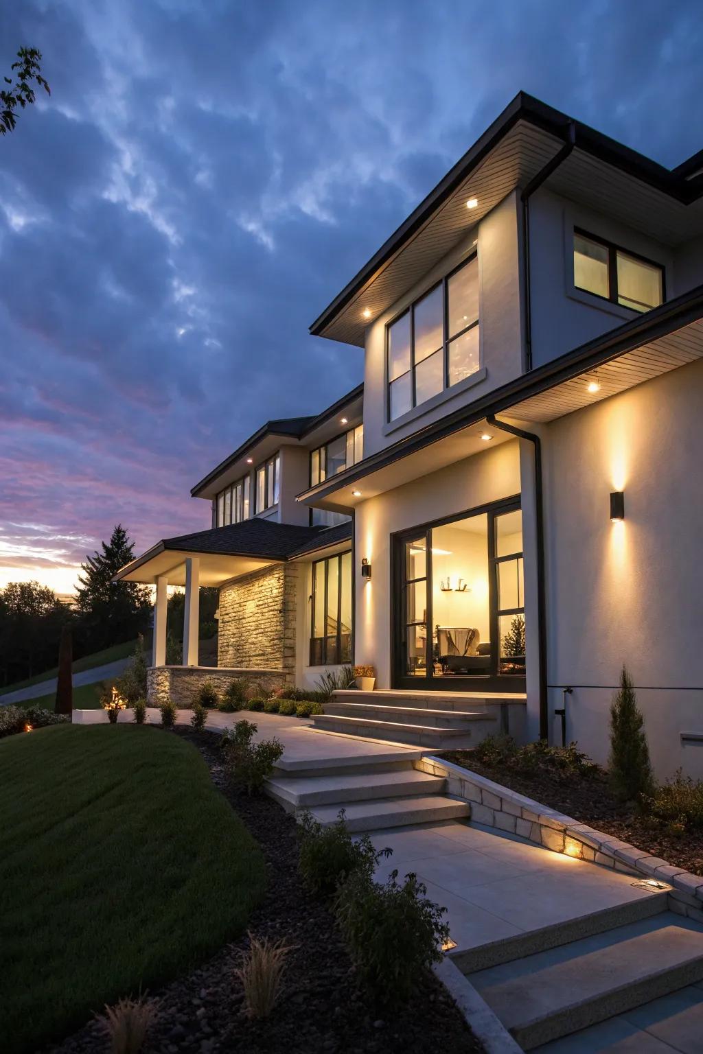 Modern lighting accentuates the architectural details of this home.
