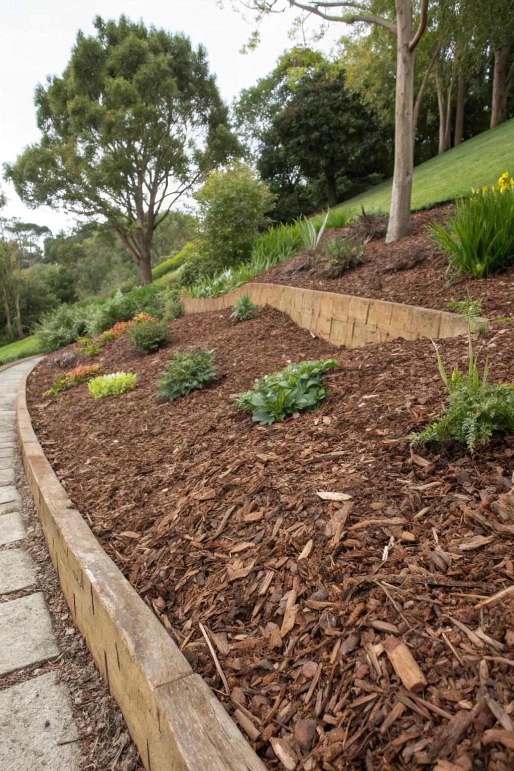 A sloped garden bed protected by a thick, nourishing layer of bark mulch.