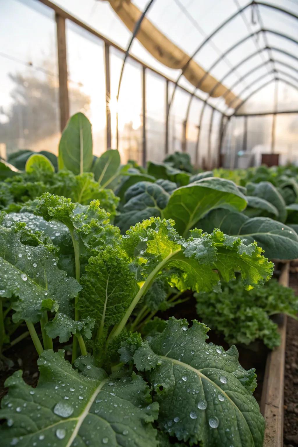 Cold-hardy greens like kale and spinach thrive in winter greenhouses.