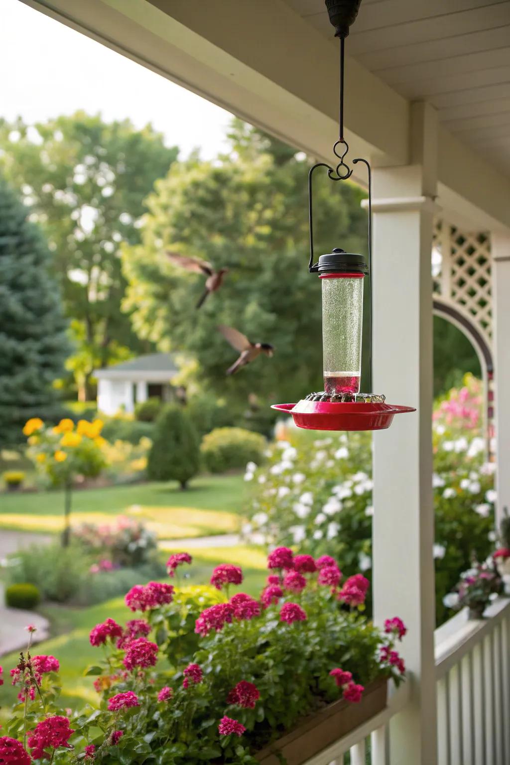 Porch hangings offer shaded spots for hummingbird feeders.