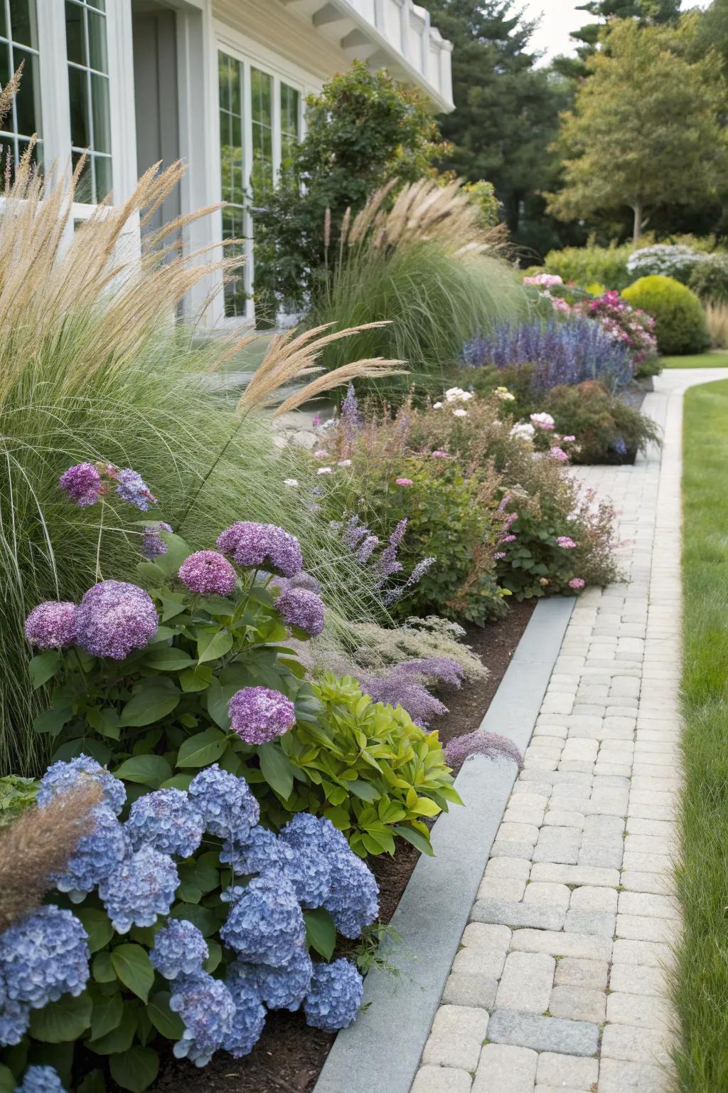 Layering hydrangeas with ornamental grasses adds texture and visual interest.