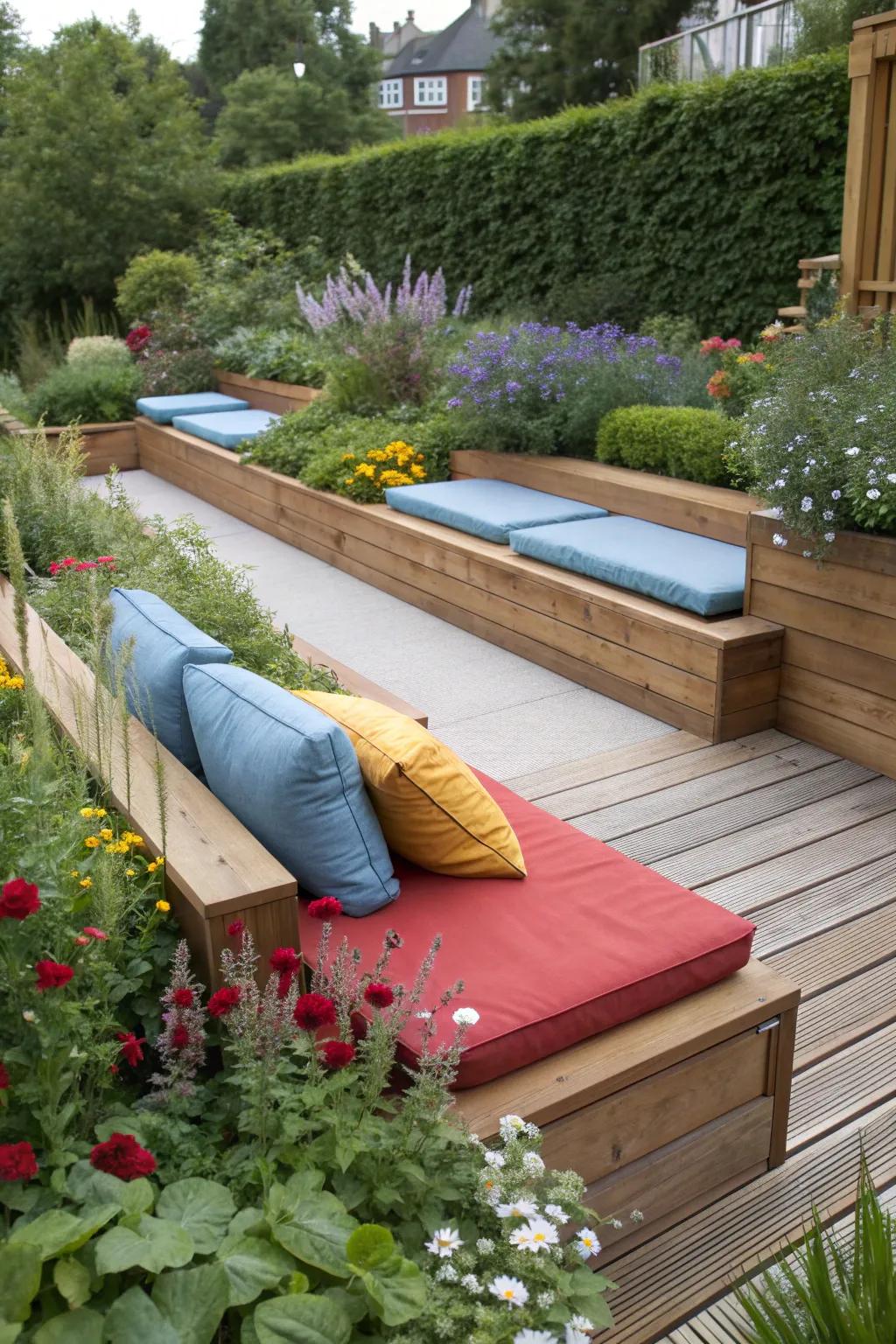 A garden deck featuring smart built-in seating solutions.
