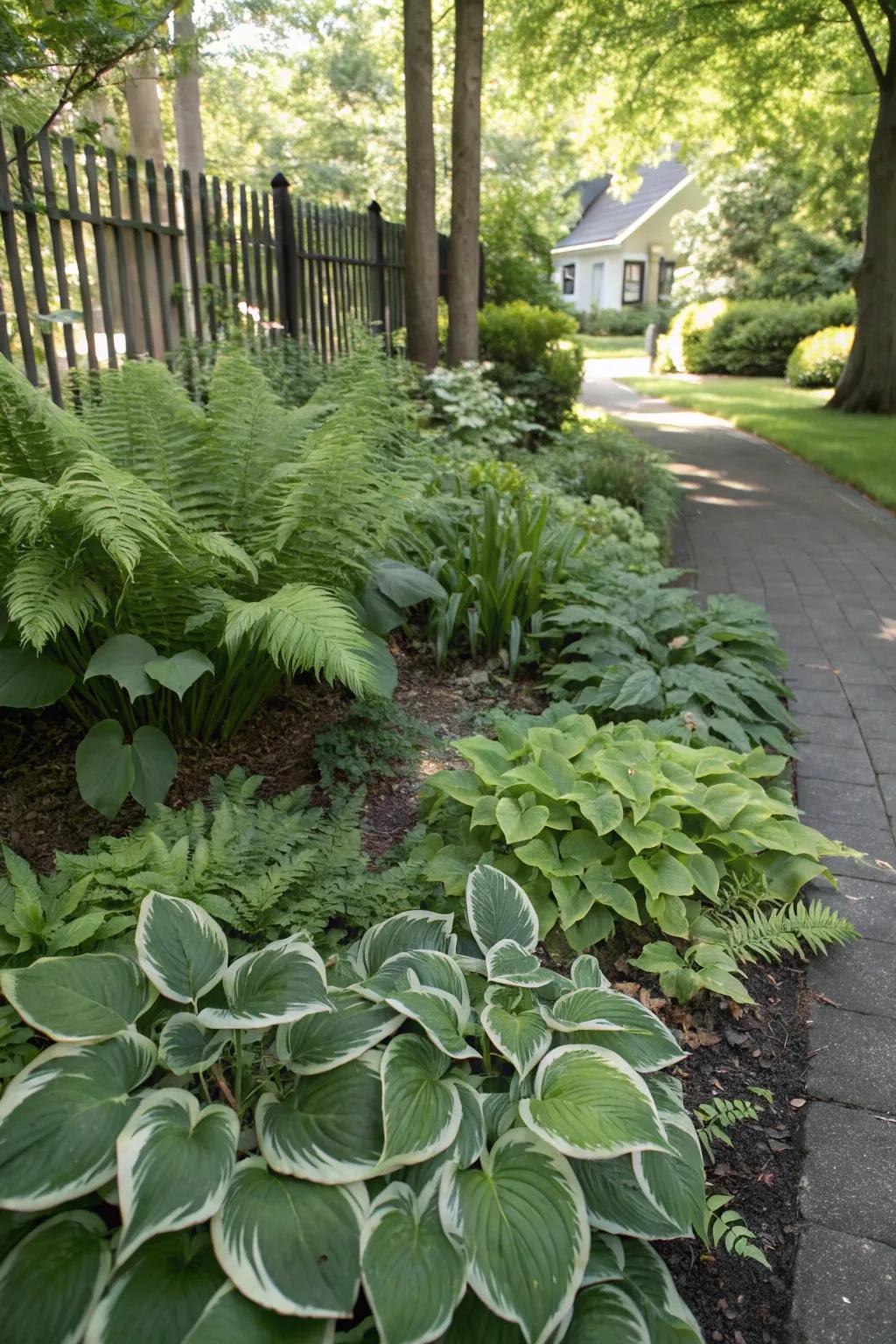A textured blend of hostas and ferns providing lush ground coverage.