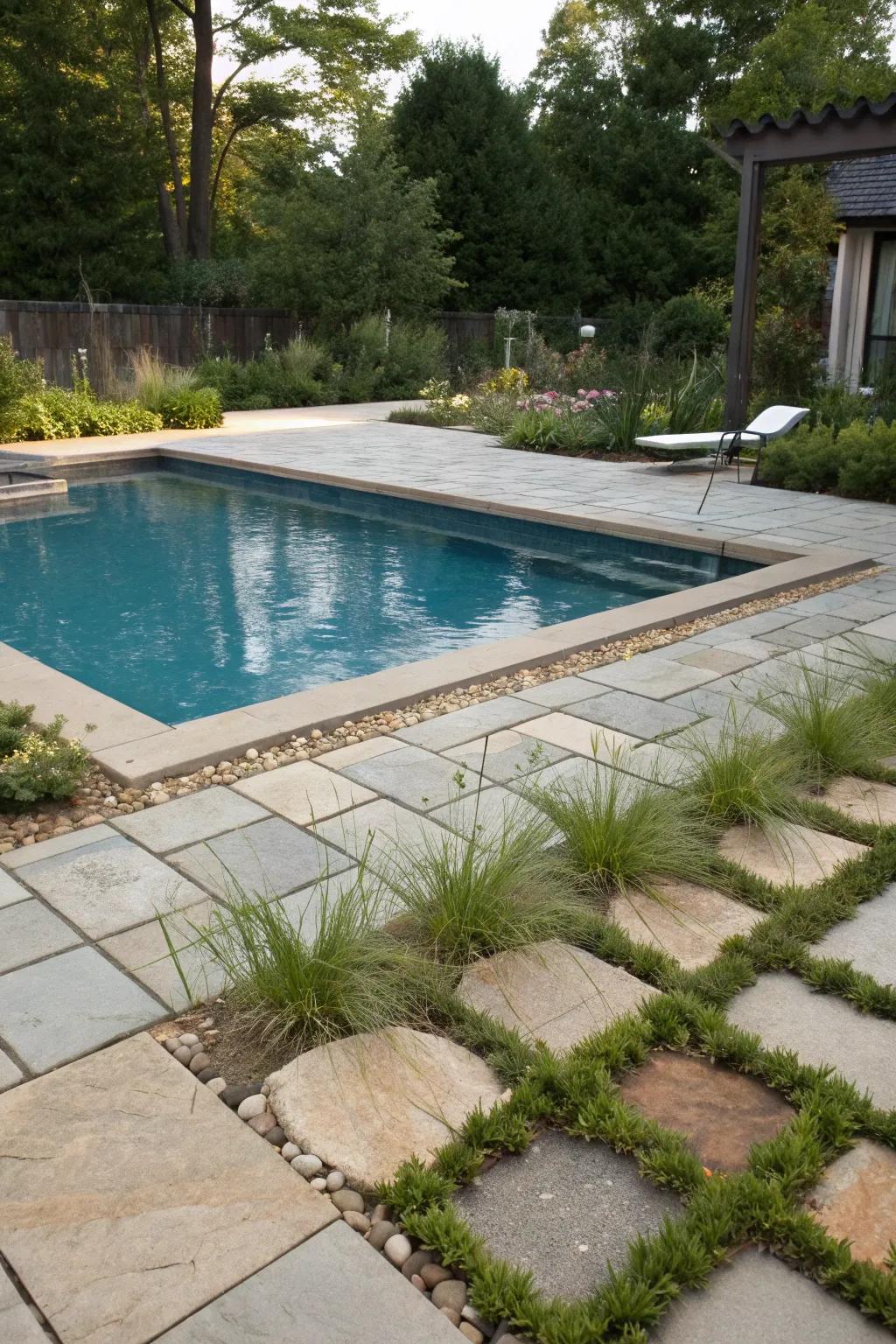 Create a vibrant oasis by integrating greenery with your pavers.
