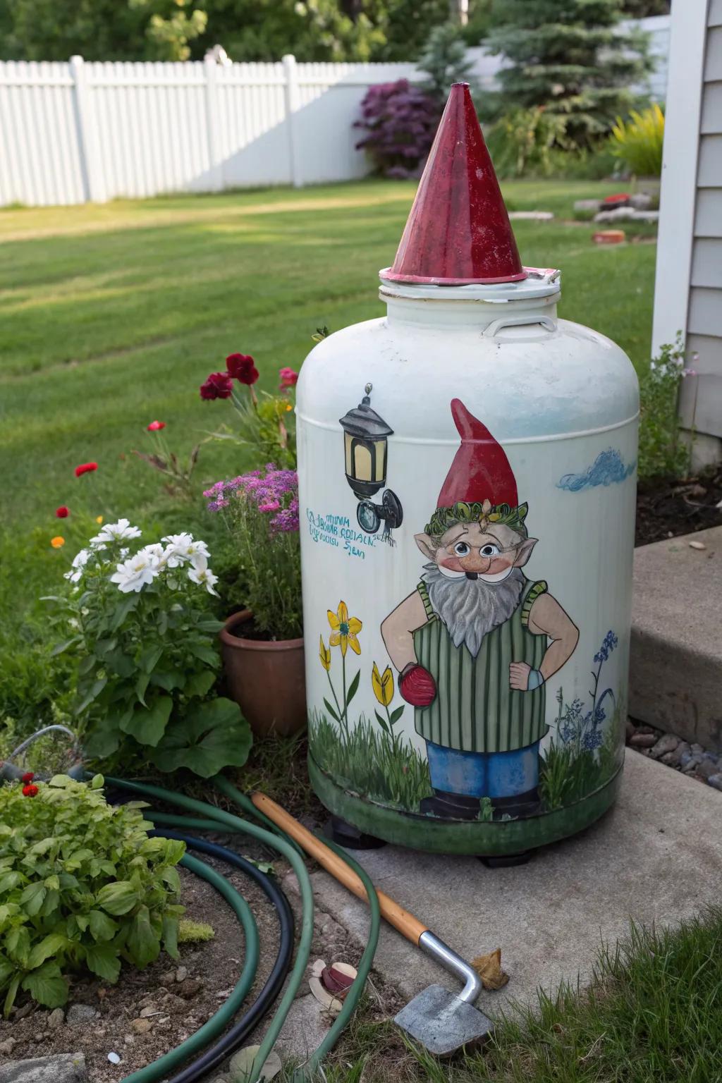 A whimsically painted propane tank adds character to any garden.