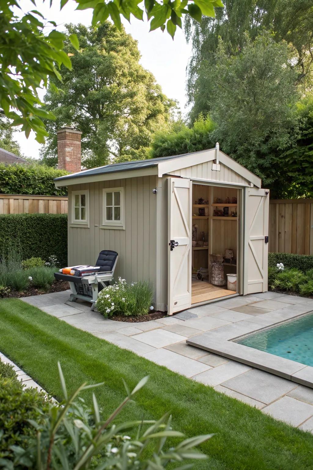 A custom storage shed offers a sleek and organized solution for hiding pool equipment.