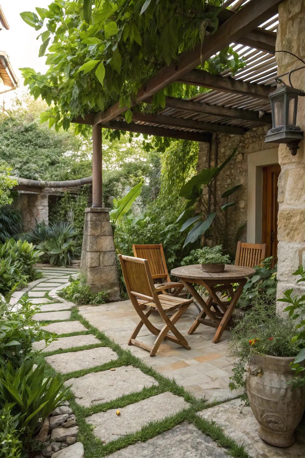 Patio with natural wood and stone elements