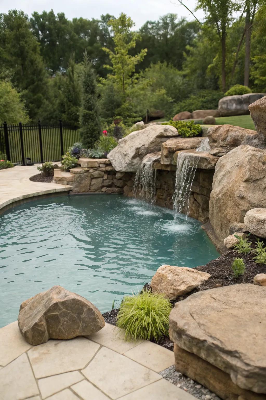 Natural rock features create a serene pool atmosphere.